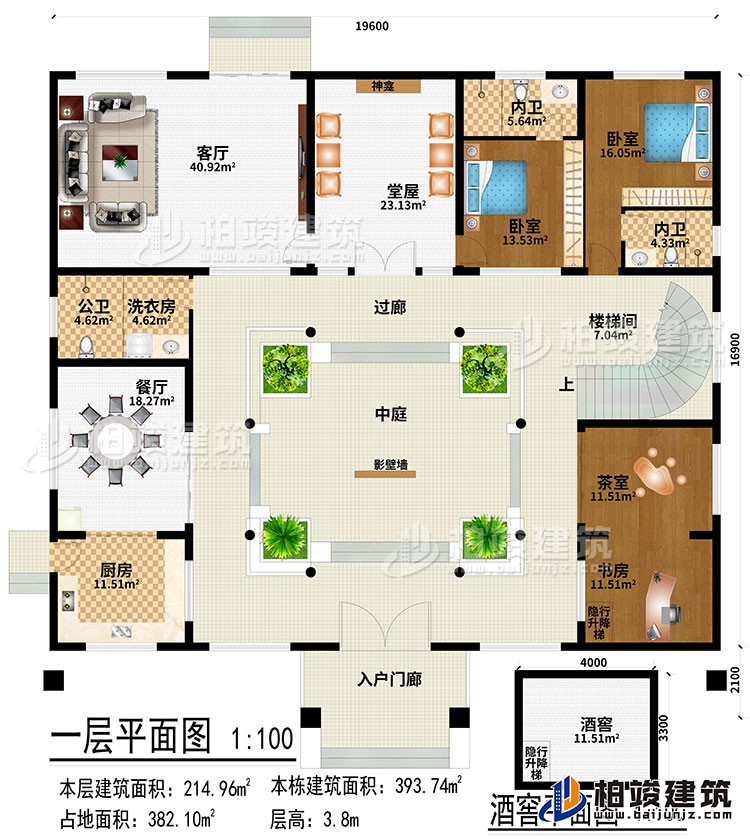 一层：入户门廊、厨房、餐厅、客厅、堂屋、神龛、茶室、书房、2卧室、洗衣房、公卫、2内卫、隐行升降梯、酒窖、中庭、过廊、楼梯间